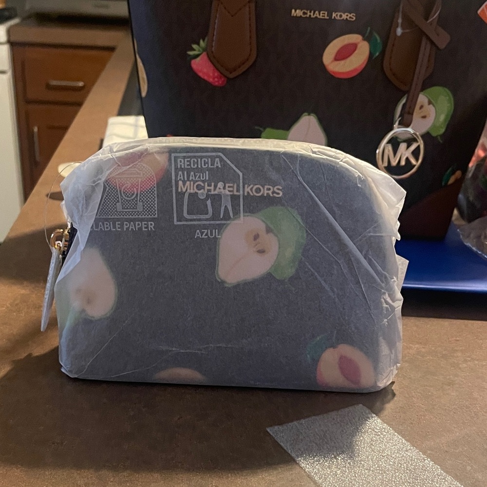 Michael Kors Navy Fruit-Print Cosmetic Pouch with Gold Hardware